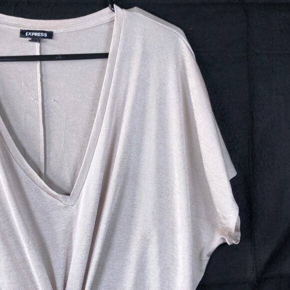 Express Womens Blouse Tan V Neck Front Knot Twist Short Sleeve Stretch XLarge - Picture 5 of 12